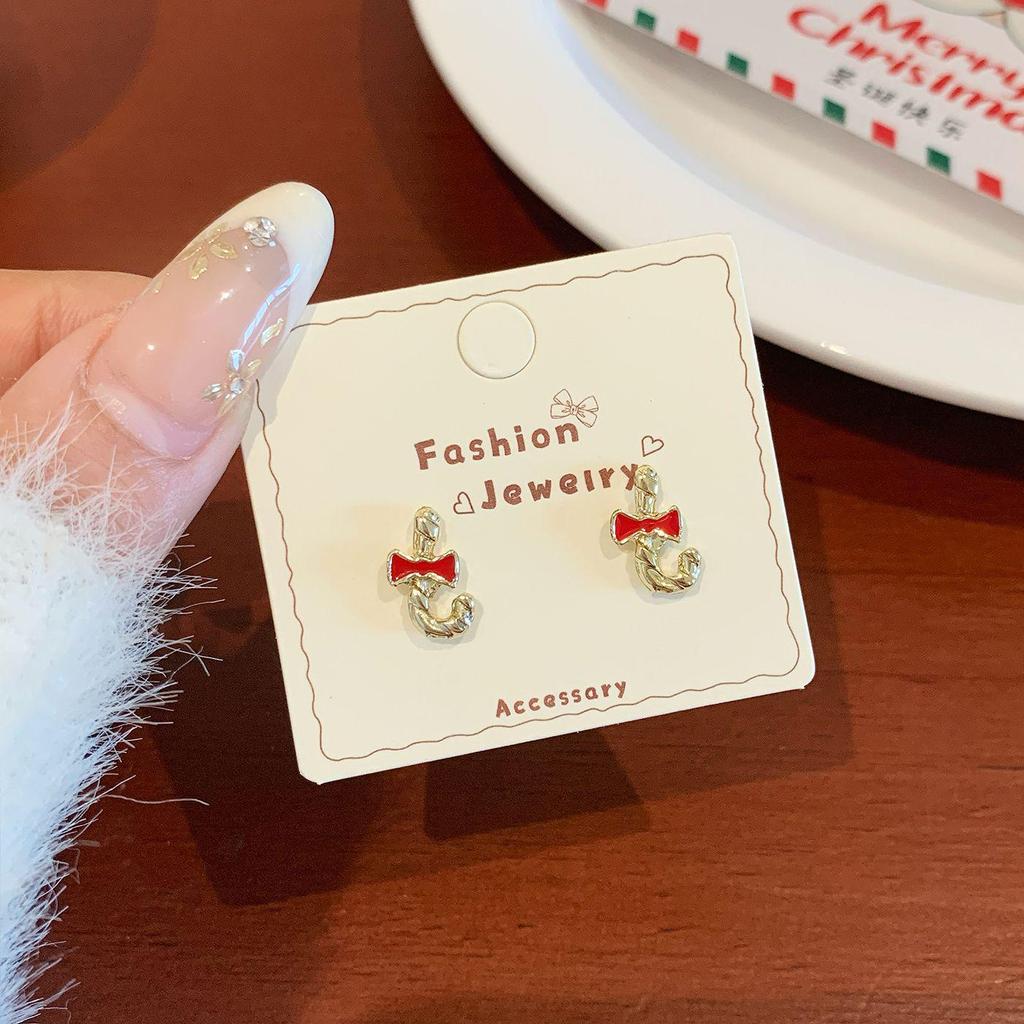 Silver Needle Snowman Santa Bow Stud Earrings - Festive Cartoon Design for Women