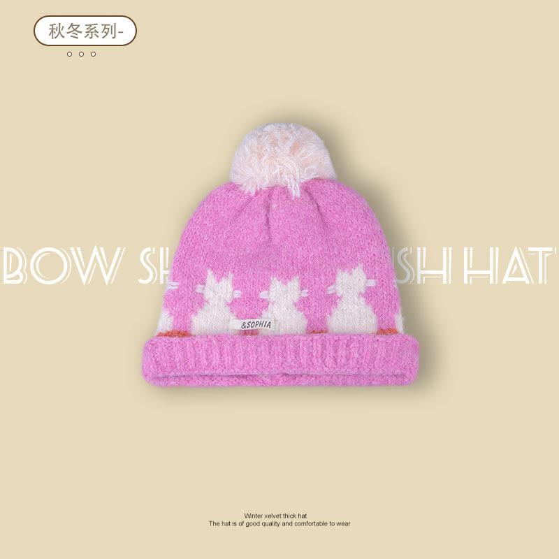 

New autumn and winter kitten hairball thickened warm knitted hat women s contrasting wool hat one size fits all розовый