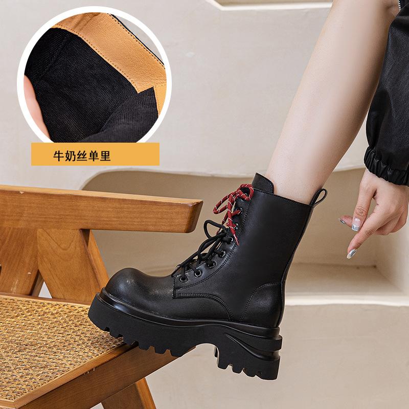 

Женские ботинки мартин, короткие ботинки 2025 осень-зима, взрыв, британский стиль, тонкие кожаные ботинки, универсальная платформа 7 см, средняя голень, женская обувь 40