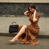 Brown Floral Print Button Front Dress with Puff Sleeve