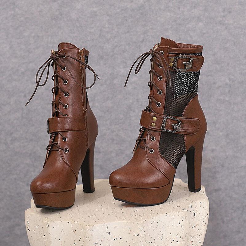 2025 New Lace-up Mesh Summer Boots Women Sexy High Heels Platform Sandals Large Size Women's Custom Boots Female Shoes WSH5054