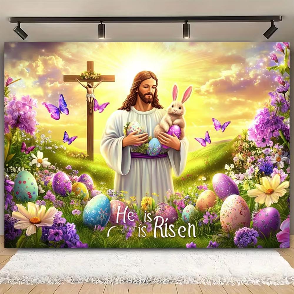 Easter Religion Jesus Theme Party Decoration Photography Background, Easter Egg Rabbit Banner Photography Studio Backdrop Cloth