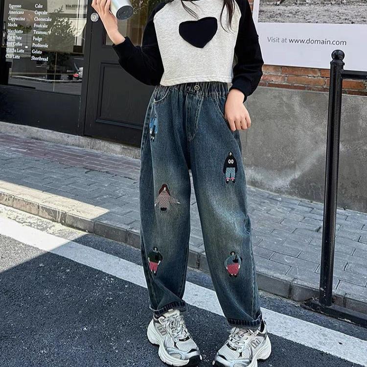 Girls' Jeans Dad's Pants Stylish Embroidery Straight Tube Radish Girls' Big Boys' Harem Pants