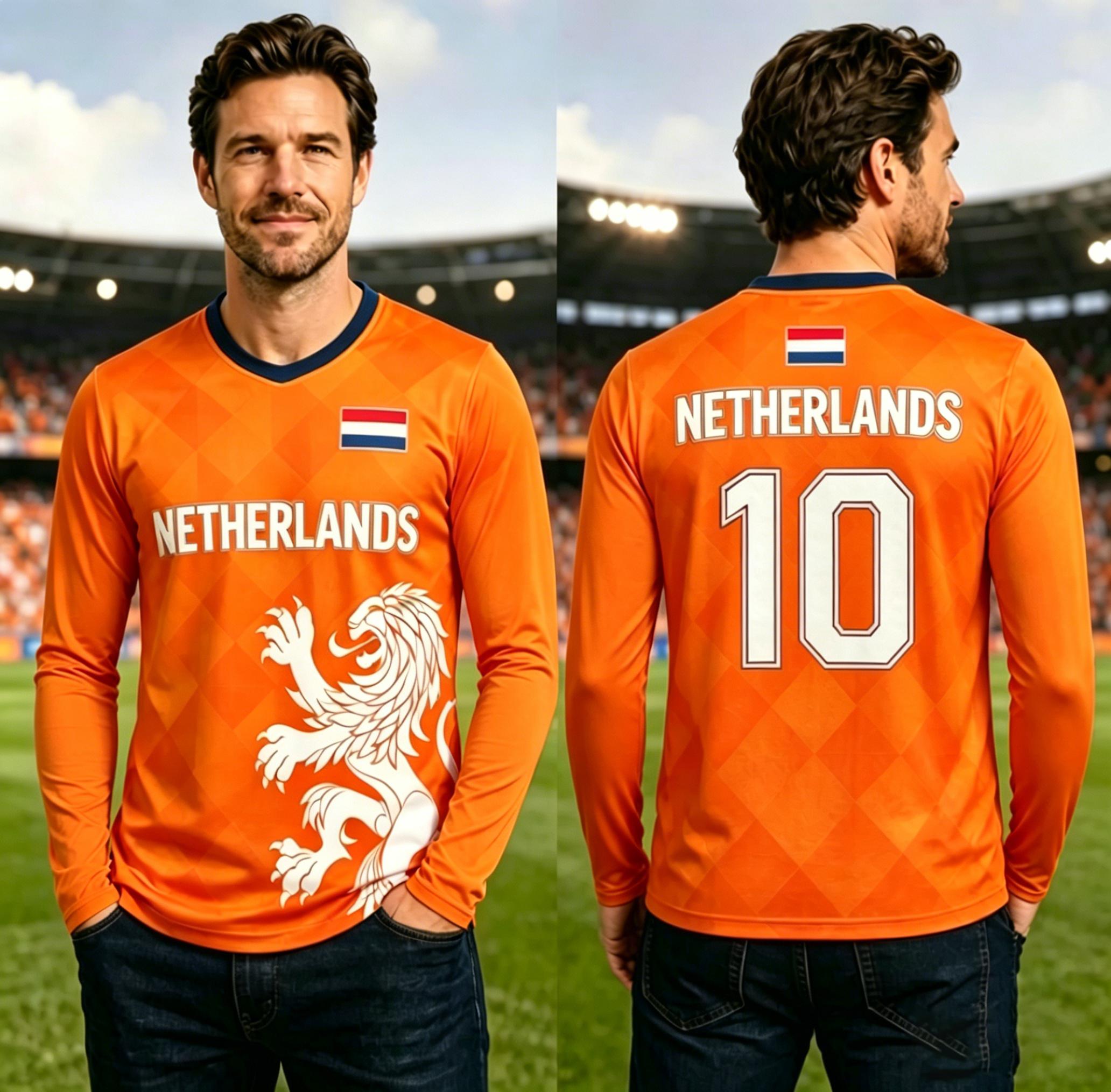 Long Sleeve Netherlands Football Jersey,Men Women Unisex Orange Soccer Shirt, Classic Lion Pattern, Sports Training Top for Fans S