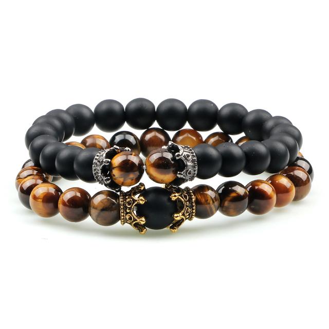 Bracelet de perles d'oeil de tigre de charme de couronne de pierre de lave noire pour hommes femmes Bracelets tressés bijoux réglables faits à la main Pulseira