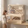 Wooden Hamster Cage with Hut, Wheel, Ramps, Removable Viewing Panels, 80 x 50 x 84 cm, Natural