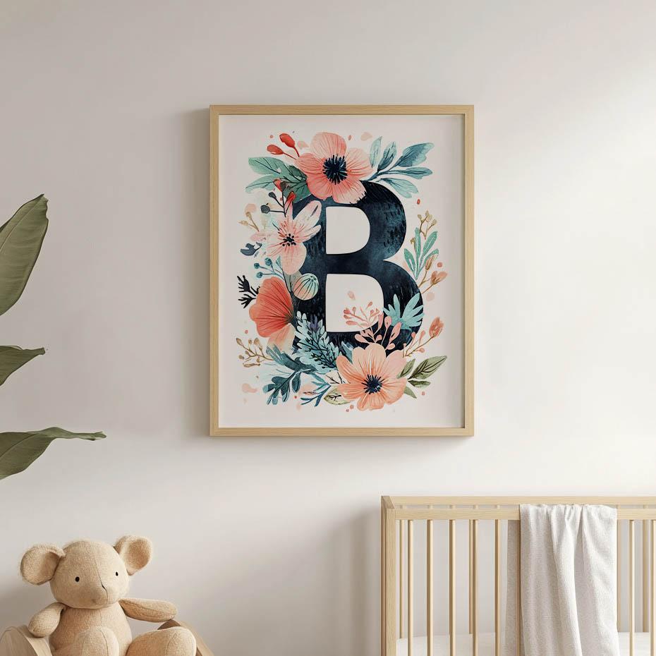 Plakat Litera "B" Otoczona Kolorowymi Kwiatami Plakat Litera "B" Otoczona Kolorowymi Kwiatami, 30X40 Cm, Rama Drewniana Ciemny Brąz, Papier Matowy 230