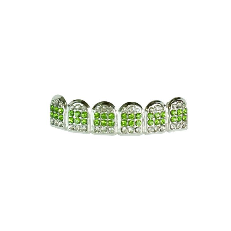 Fluorescent Green Diamond Hip Hop Grillz with Square Metal Texture Tooth Decoration