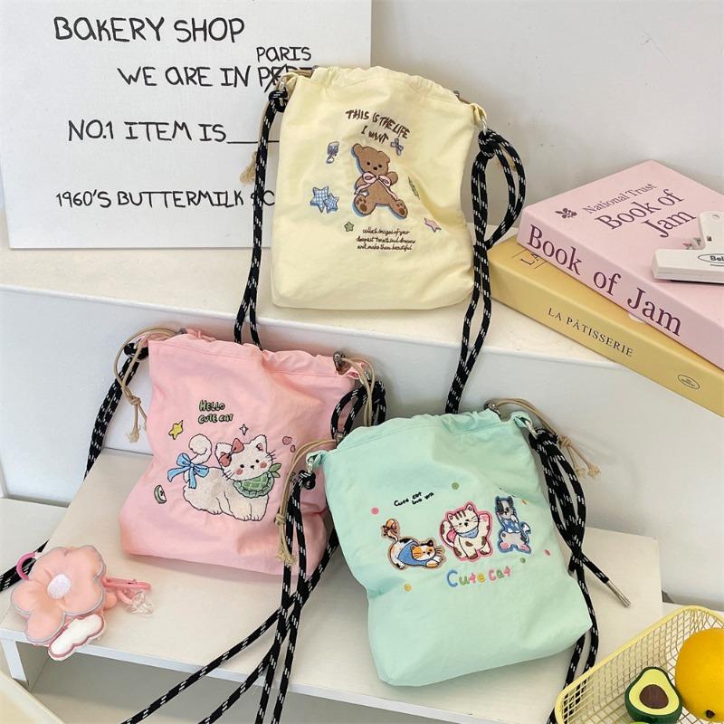Cute Color Embroidery Bucket Bag Small Cloth Bag College Girl Casual Shoulder Crossbody Mobile Phone Bag