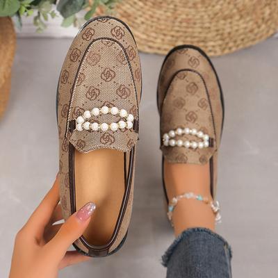 Lucyever Brand Design Women's Loafers Flower Pattern Soft Sole Flat Shoes Woman Pearl Chain Low Heels Office Shoes Ladies 43