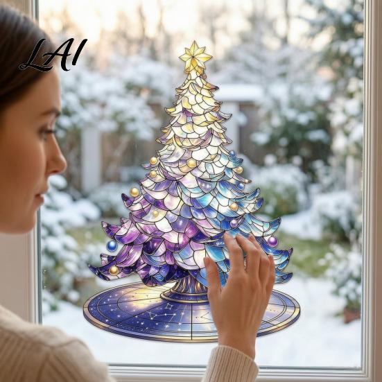 Colorful Tree Wall Art Stained Glass Style Christmas Static Window Cling Gradient Starry Sky Decorative Atmosphere Accents Xmas Sticker Reusable PVC