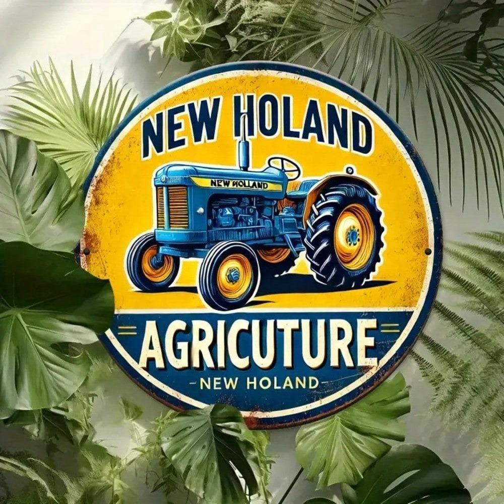 Vintage kovová cedule traktoru New Holland, kulatá 8 palců, dekorace na stěnu farmy