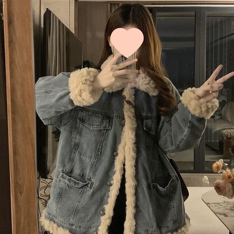 Women's Lambswool Denim Jacket, Autumn/Winter 2025, Loose Fit, Plus Velvet Thick Cotton Coat, Petite Plus Size.