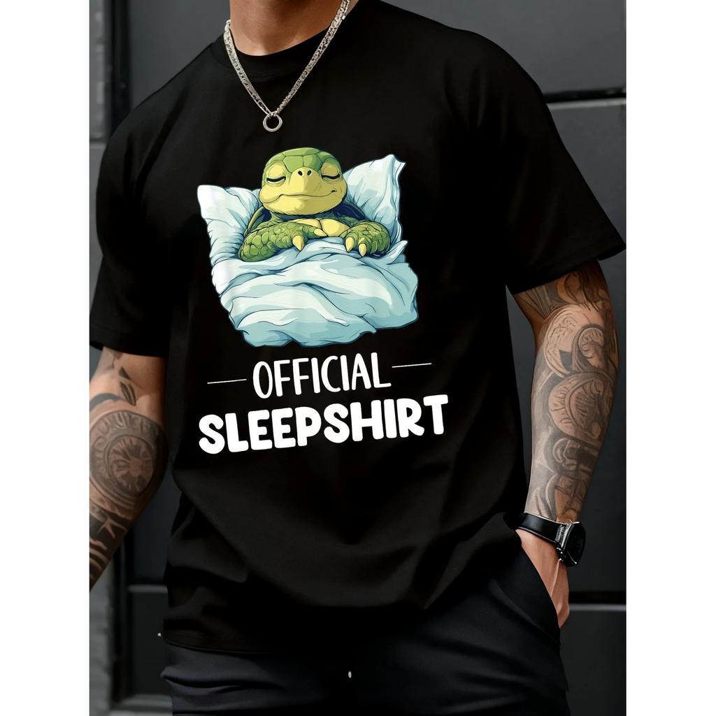 Interesting Sleeping Turtle Pattern T-shirt - Casual Street Style, Perfect Gift for Animal Enthusiasts, Black with White Print