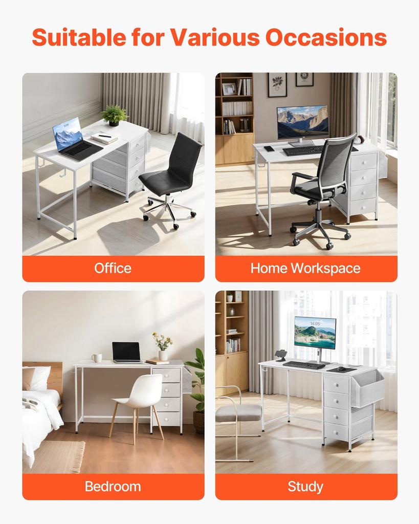Computer Desk with Fabric Drawers, 120 Cm Reversible Study Work Writing Desk for Modern Home Office Bedroom, Simple Modern Cute PC Table Metal Frame