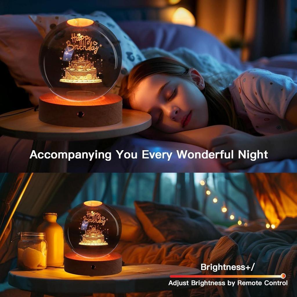 Crystal Happy Birthday Lamp Engraved Crystal Ball LED Night Light with Wooden Base - USB Powered Glass Ball Led Night Light Table Lamp for Kids Room