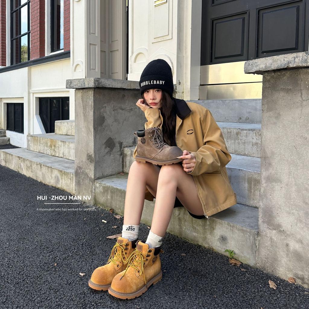 Cowhide Version~ Niche Q Cute Big Yellow Women's Boots Leather Old Martin Boots Women's British Style Thick-soled Short Desert Boots