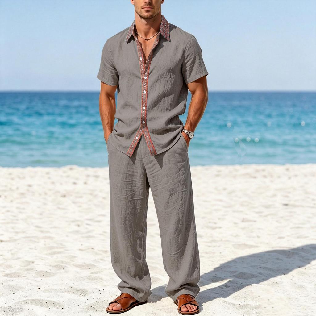 European & American Men's Striped Linen Summer Shirt & Pants Set