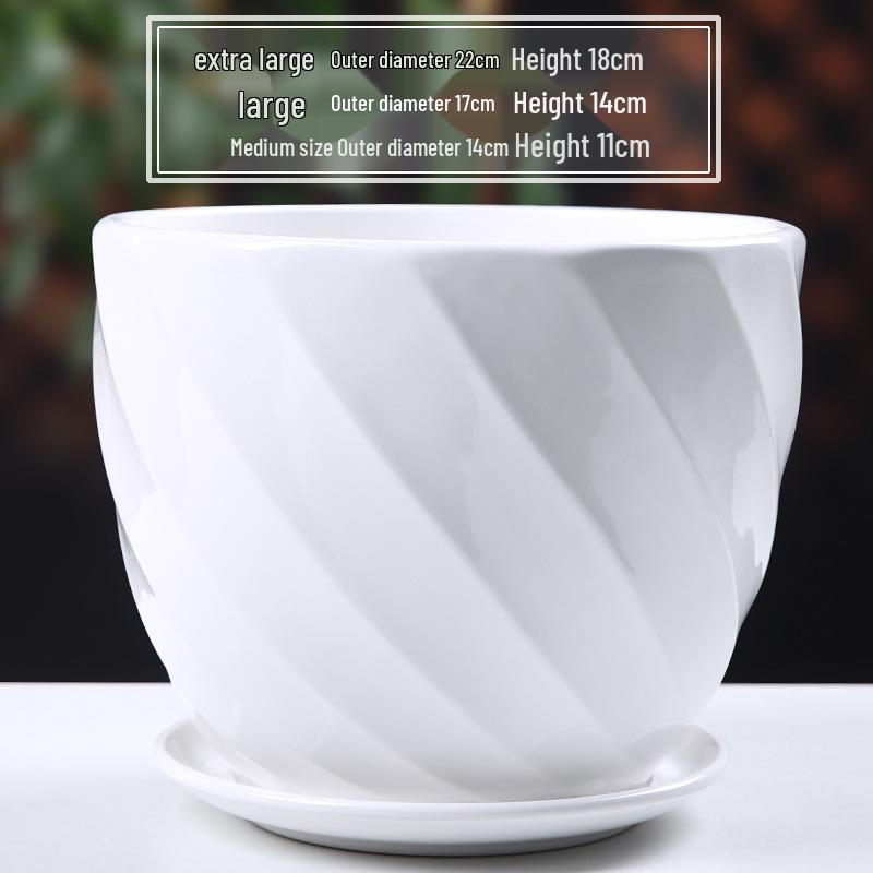 Simple White Ceramic Flower Pot with Base for Indoor Plants - Available in Large and Extra Large