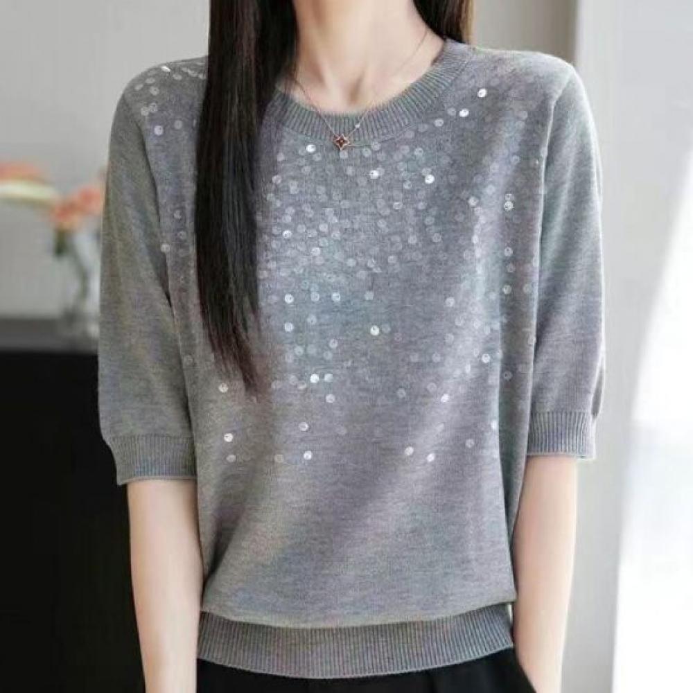Navava Women S Simple baSic Sequin PoinT Round Neck 5 Sleeve KniT T ShirT Nk3717