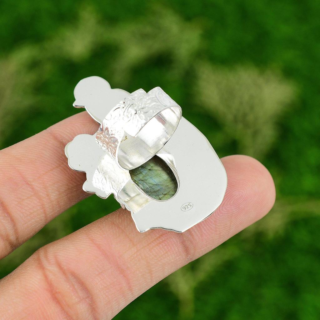 Natural Labradorite Gemstone Promise Bird Adjustable Ring 925 Sterling Silver
