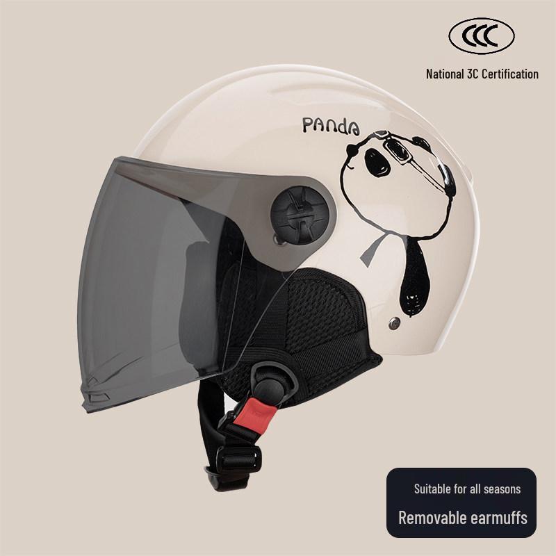 Certified Cute Panda Electric Vehicle Helmet for All Seasons - Unisex Motorcycle & Scooter Half Helmet