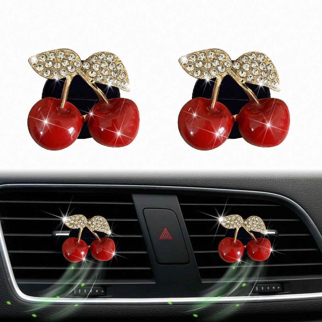 2pcs Rhinestone Cherry Car Fragrance Clip, Fruit Car Air Freshener & AC Vent Decor for Women