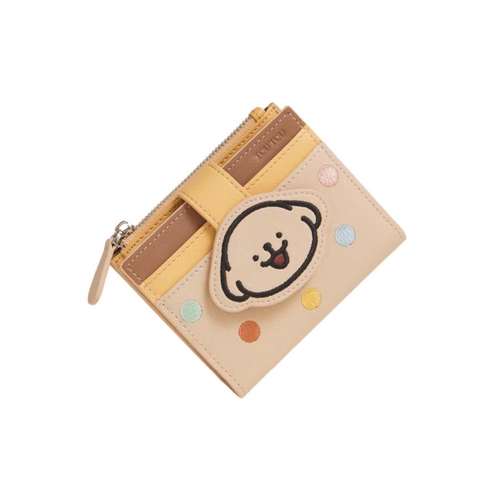 Toutou Cowhide Wallet, Card Holder with Multiple Card Slots, Coin Purse, Apricot Color