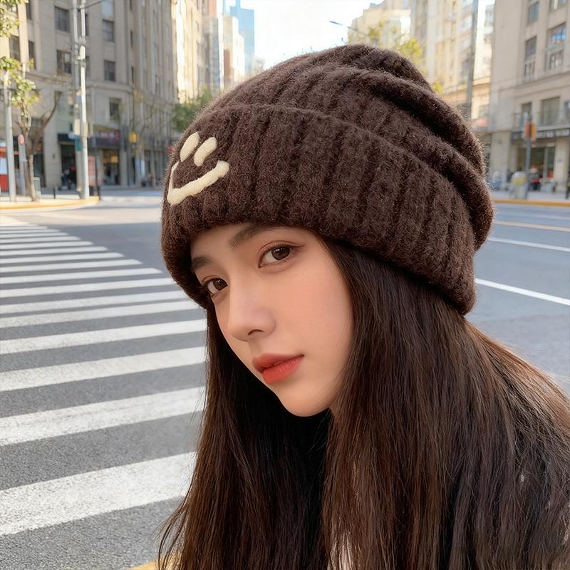Blue Woolen Cap Thickened and Warm for Children Large Head Wrap Cold Cap To Show Off Face Small Ear Protecting Knitted Pile Cap