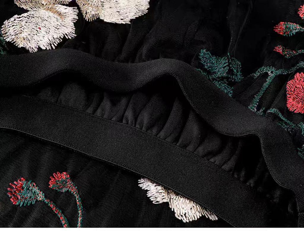 Women's Ethnic Embroidered Floral Mesh A-Line Midi Skirt