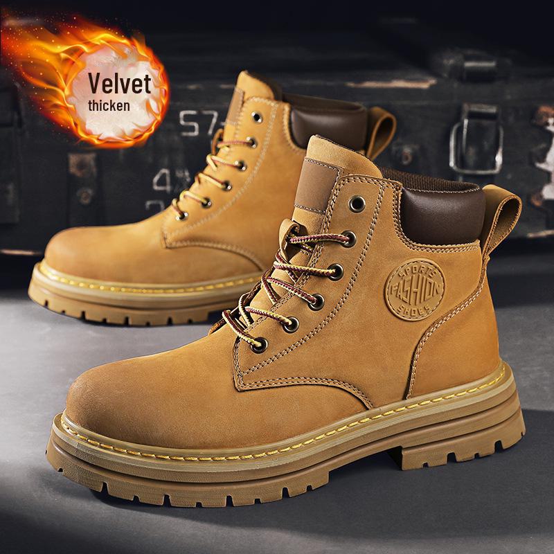 Men's 2024 Yellow High Top Winter Desert Work Boots with Cotton and Velvet Lining for Snow.