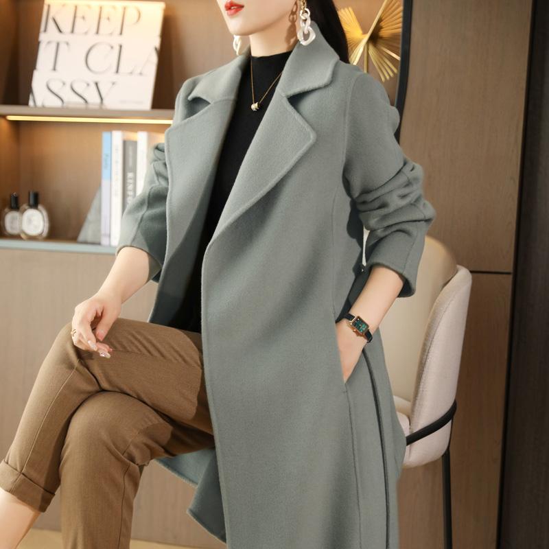 Dámský kabát ze 100% vlny MODERNÍ NOVINKA SAGA Podzimní vlněný dlouhý kabát Ručně vyrobený hráškový kabát Zimní teplá vlněná dlouhá bunda