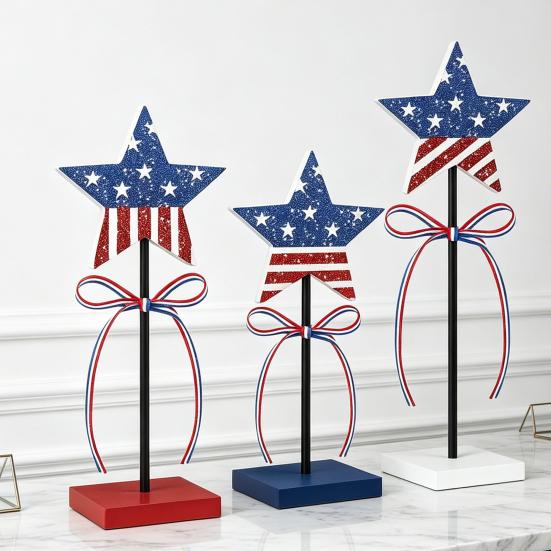 3 Pcs 4th of July Wooden Star Signs, Red White Blue Glitter Patriotic Star Table Centerpiece for Independence Day, Tiered Tray, Tabletop Decor