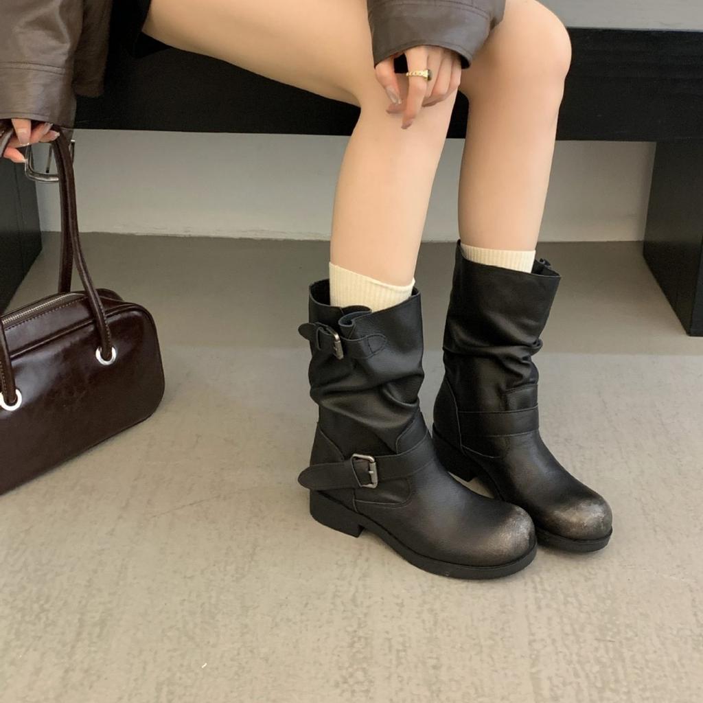 2025 Autumn and Winter Round Head Martin Boots Women's Spice Girls Medium Tube Belt Buckle Retro Maillard Cowboy Boots Short Boots Women