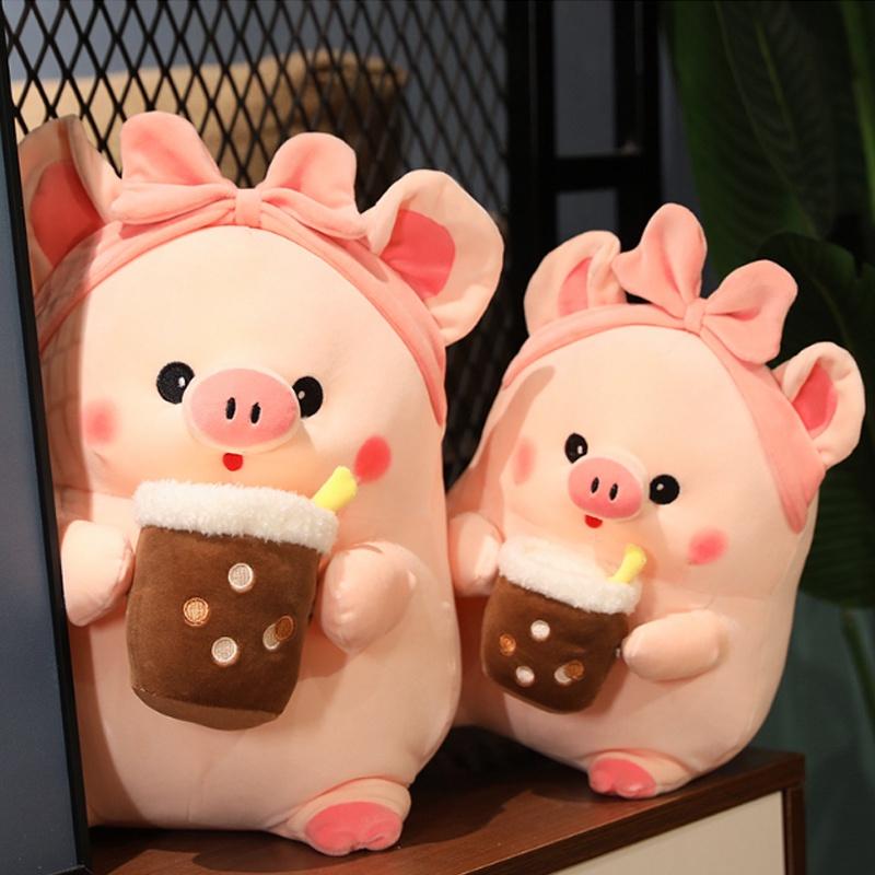 Adorable Milk Tea Pig Pink Pig Plush Toy With Bow Headband