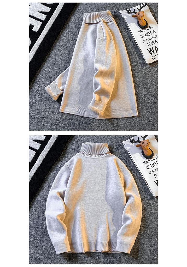 Men's Trendy High Neck Plus Velvet Sweater: Autumn/Winter Solid Color Knit Pullover