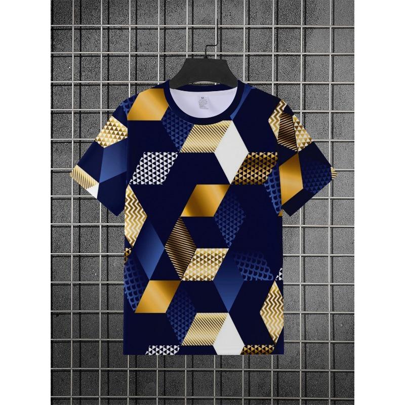 Men's 3D Geometric Cube Printed T-Shirt Casual Short Sleeve Crewneck Top Cool Luxury Gold Blue Diamond Block Pattern Graphic Summer Streetwear Tees