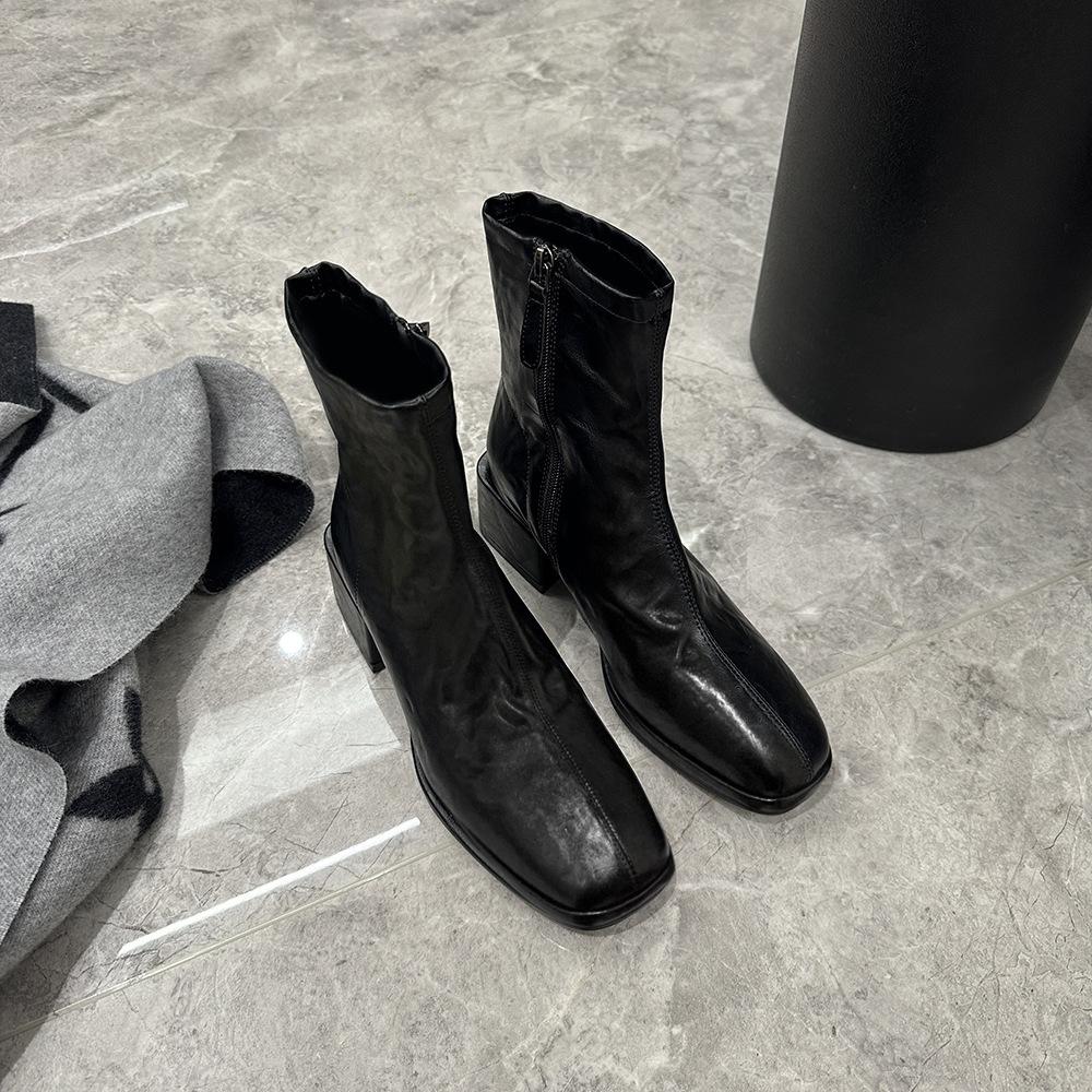 Fyrkantig tå Retro Skinny Stövletter Korta Stövlar Dam Tjock Klack Små Ankelstövlar Brittiska Martin Stövlar Enkla Stövlar