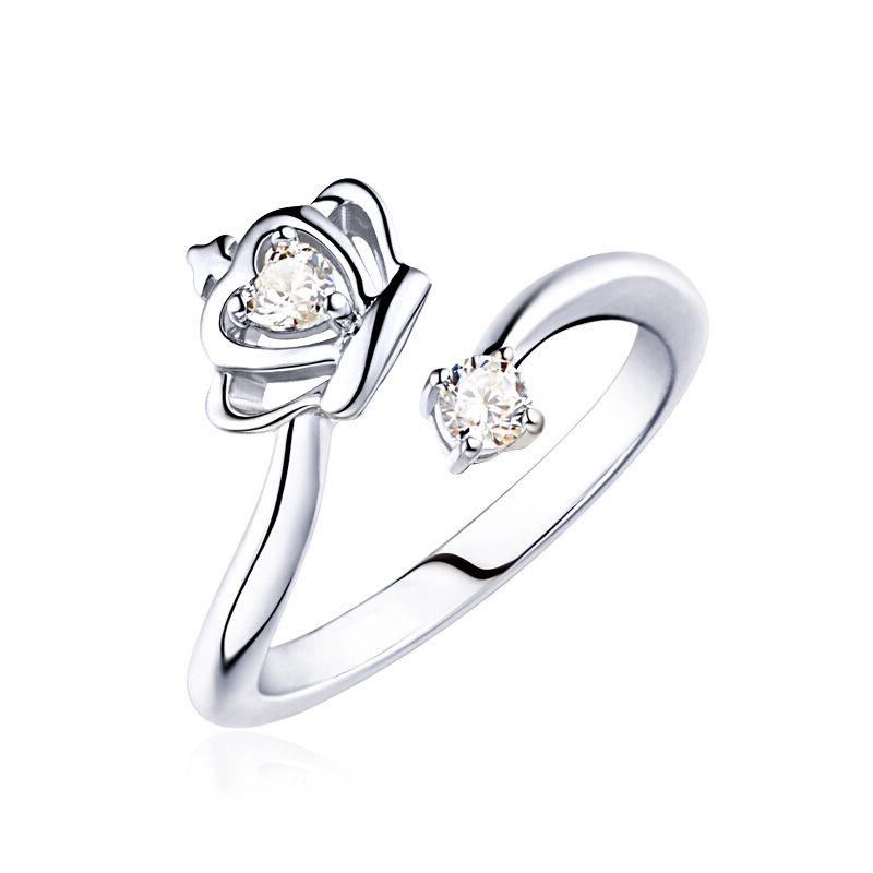 Korean Style Fresh Zircon Crown Heart Open Ring - S925 Sterling Silver