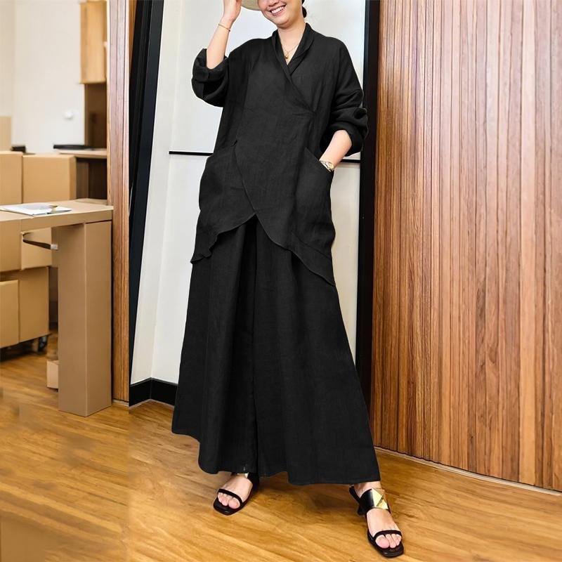 ZANZEA Dámská halenka s dlouhým rukávem a kalhoty se širokými nohavicemi, ležérní dvoudílné soupravy