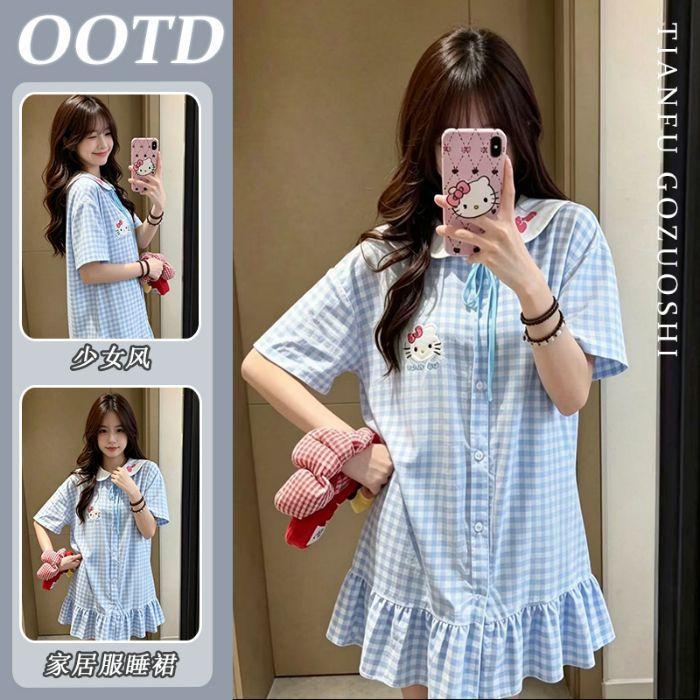 [High-quality Imitation Cotton] Pajamas Women's New Summer Short-sleeved Cartoon Hello Kitty Nightdress Loungewear