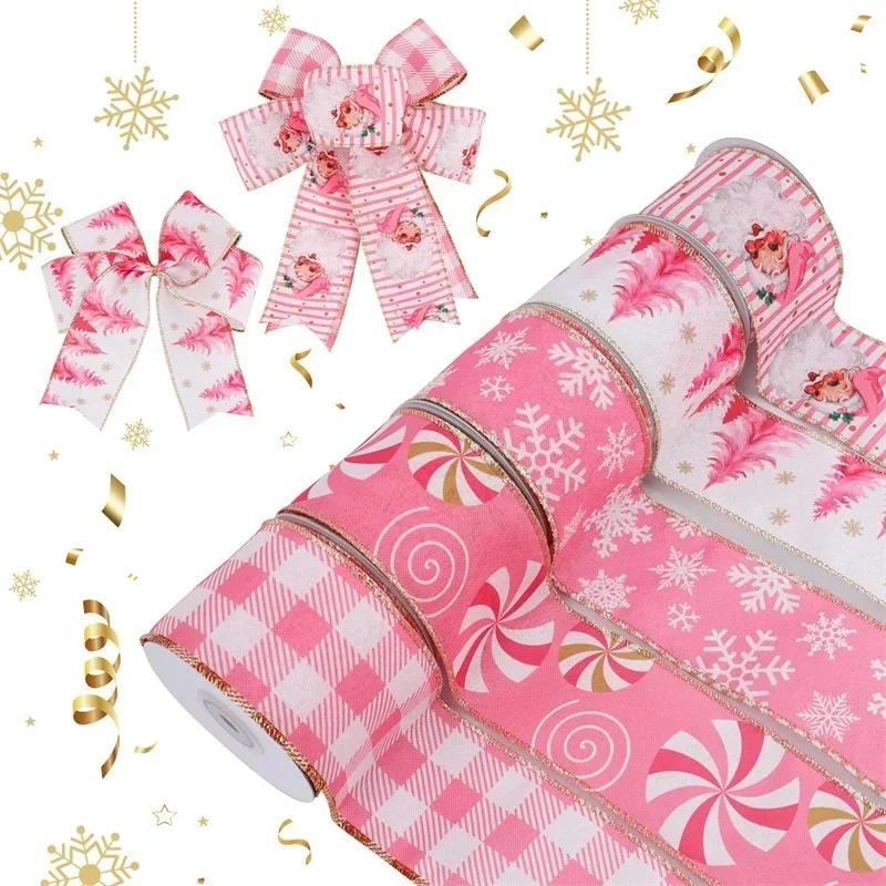 Draht-Weihnachtsband Rosa Kariert Grosgrain Weihnachtsgeschenkbox Verpackung Kuchenband für DIY Kranz Schleife Bänder