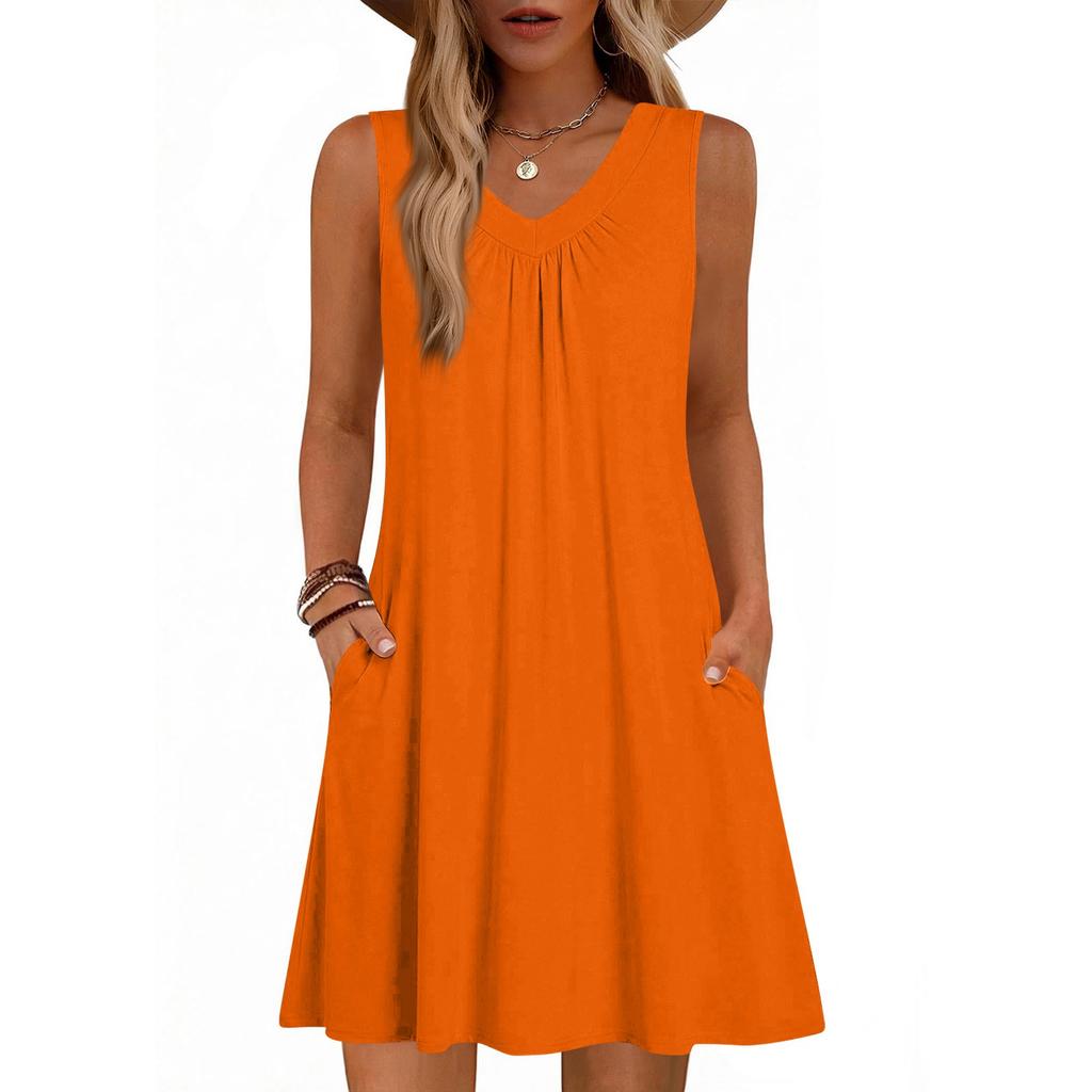 Women's Fashion Color Summer Sleeveless V-neck Vest Pocket Casual Loose Dress