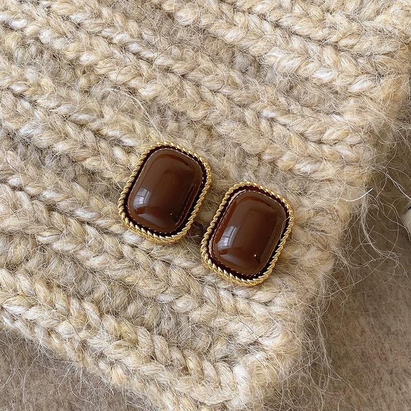 Maillard Coffee Color Amber Earrings Women's Autumn and Winter High-end Commuter Style Earrings Light Luxury Niche Design Earrings