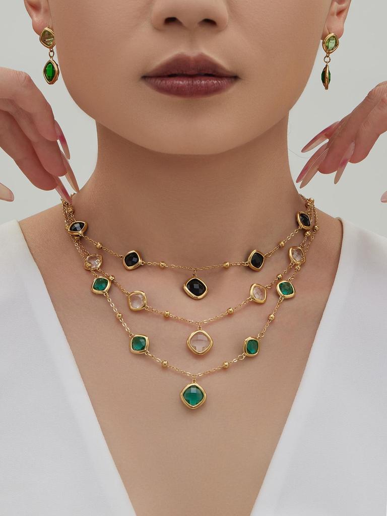 Geometric Glass Stone Earrings & Stainless Steel Bead Necklace Bracelet Set - Multi-color Patchwork Jewelry