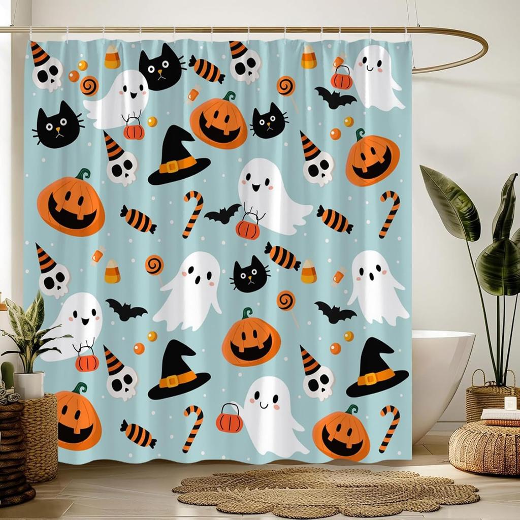 Halloween Shower Curtain Cute Ghost Pumpkins Cartoon Spooky Skull Gothic Fabric Decorative Bathroom Curtains With Hooks,Teal