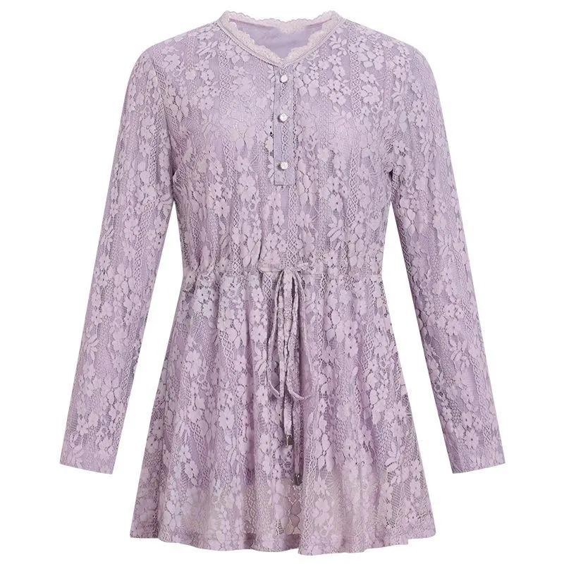 Lace Shirt Women's Long Sleeve Spring Autumn New V-neck Mid-length Waist Middle-aged Mother's Top Fashionable
