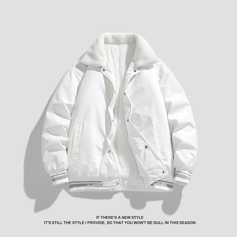 

Lamb wool cotton-padded clothes men s winter 2025 new velvet thickened lapel baseball jersey M білий