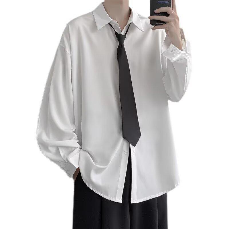 Unisex Solid Color Long Sleeve Tie Shirt - Trendy Korean Style for Spring/Autumn