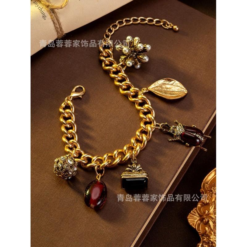 Cross Border Hot Retro Palace Style Insect Leaf Hanging Pendant Bracelet Zircon Pearl Exaggerated